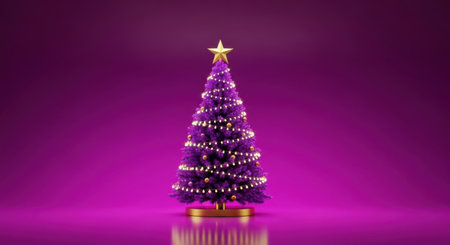 A beautifully decorated purple Christmas tree with a golden star on top, illuminated with warm lights, set against a matching purple background.の素材