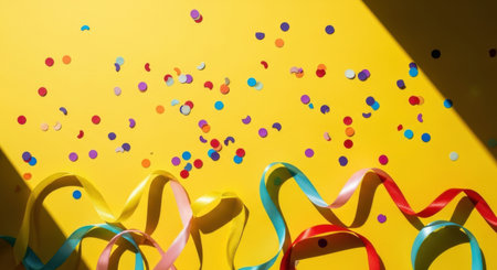 A vibrant yellow backdrop adorned with colorful confetti and ribbons, creating a joyful and celebratory atmosphere perfect for parties and special occasions.の素材