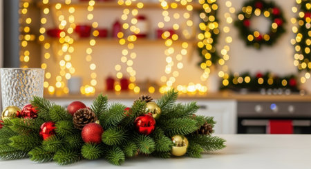 A cozy kitchen decorated for Christmas with a garland, lights, and a wreath, creating a warm and inviting holiday atmosphere.の素材