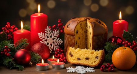 A beautifully arranged Christmas still life featuring lit candles, a panettone cake, festive ornaments, and seasonal decorations.の素材