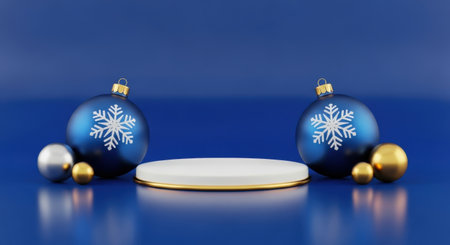 A beautifully arranged Christmas scene featuring blue ornaments, golden accents, and a central podium for display.の素材