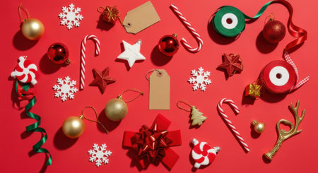 A top-down view of various Christmas ornaments and festive decorations, including baubles, candy canes, snowflakes, ribbons, and gift tags, scattered on a bright red surface, creating a cheerful holiday pattern.の素材