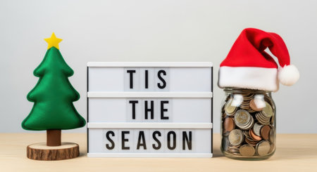 Holiday savings concept featuring a money jar full of coins for Christmas expenses next to a festive tree and a seasonal message on a lightbox.の素材