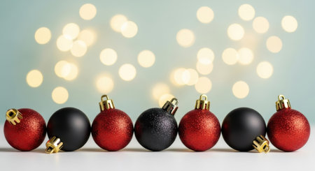 A row of alternating red and black Christmas ornaments sits against a backdrop of soft, blurred bokeh lights, creating a festive holiday scene.の素材