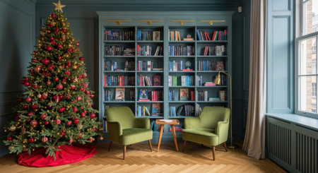 A beautifully decorated Christmas tree stands next to a cozy reading nook featuring green armchairs and a bookshelf filled with books, creating a warm, inviting atmosphere.の素材