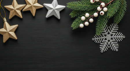 A collection of gold and silver star ornaments and a snowflake ornament with a fir branch on a dark textured background, evoking a festive holiday mood.の素材