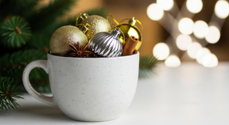 A white mug filled with gold, silver, and bronze Christmas ornaments sits on a white surface with bokeh lights in the background.の素材