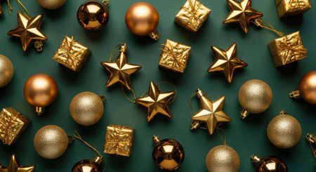A collection of golden Christmas ornaments, including stars, spheres, and cube-shaped decorations, arranged on a dark green surface, creating a festive holiday scene.の素材