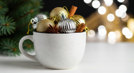 A white mug filled with gold and silver Christmas ornaments, cinnamon sticks, and star anise, set against a backdrop of bokeh lights and evergreen branches.の素材