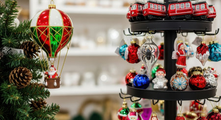 A close up view of festive holiday decorations featuring a detailed Santa Claus hot air balloon ornament hanging beside a display stand filled with colorful Christmas baubles.の素材