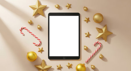 A top-down shot of a tablet surrounded by Christmas decorations, including stars, ornaments, and candy canes, creating a holiday theme.の素材