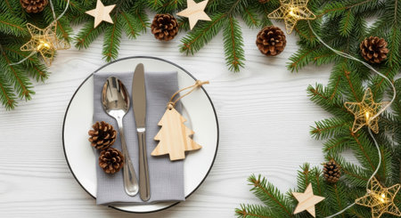 An elegant Christmas table setting featuring a white plate, silverware, and a wooden Christmas tree ornament, surrounded by lush pine branches, pinecones, and twinkling star lights on a white wooden background.の素材