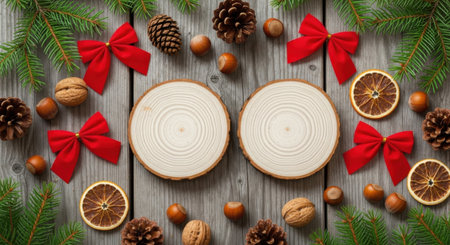 Overhead shot of two wood slices surrounded by red bows, pine cones, nuts, dried orange slices, and evergreen branches on a rustic wooden surface.の素材