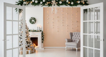 A cozy and elegant holiday scene featuring a decorated Christmas tree, a warm fireplace with a burning fire, and a classic armchair, viewed through open doors.の素材