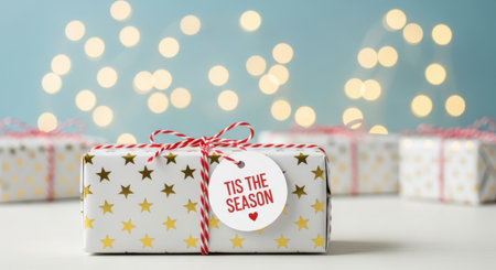 A beautifully wrapped gift box with a holiday tag, adorned with stars, and set against a backdrop of soft, twinkling lights, perfect for the season.の素材