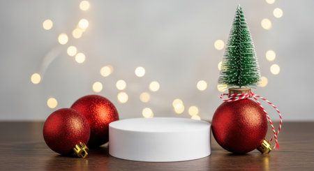A white cylindrical podium for product presentation surrounded by red Christmas ornaments and a small tree on a wooden table with glowing lights in the background.の素材