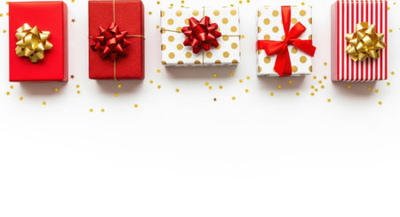 An overhead shot of various gift boxes, each with a unique design and ribbon, arranged on a white surface, creating a festive scene.の素材