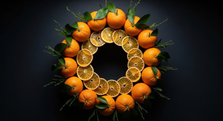 A vibrant circular arrangement of fresh oranges and dried orange slices, adorned with green leaves, set against a dark, moody backdrop.の素材
