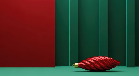 A striking Christmas still life featuring a red ornament against a backdrop of red and green panels, perfect for holiday themes.の素材