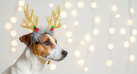 A charming Jack Russell Terrier dog wearing reindeer antlers, set against a backdrop of soft, blurred Christmas lights, creating a festive holiday scene.の素材