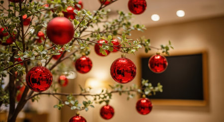Close-up of a branch adorned with vibrant red ornaments, creating a festive holiday atmosphere. The ornaments are glossy and reflect light, adding a touch of elegance to the scene.の素材