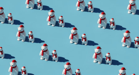 A repeating pattern of polar bear figurines wearing red hats and scarves, casting shadows on a light blue surface, creating a festive Christmas theme.の素材