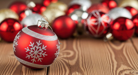Close-up of a red Christmas ornament with a snowflake pattern, set against a backdrop of other festive ornaments and a rustic wooden surface.の素材