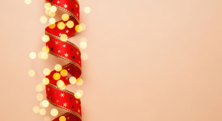 A close-up shot of a red ribbon with a polka dot pattern, intertwined with warm, glowing fairy lights, creating a festive and celebratory atmosphere.の素材