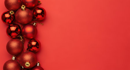 A vibrant red background adorned with a border of shiny red Christmas baubles, perfect for holiday greetings and festive designs.の素材