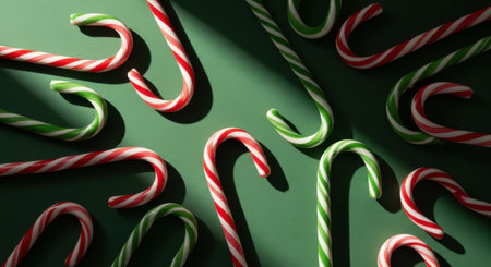 A top-down view of scattered red and green striped candy canes on a dark green surface, illuminated by a harsh light that casts long, dramatic shadows. A festive holiday concept.の素材