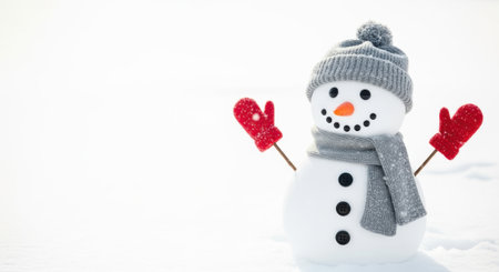 A cheerful snowman stands in the snow, wearing a gray hat and scarf, red mittens, and a carrot nose.の素材