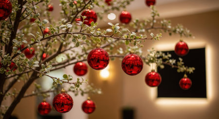 Close-up of a tree adorned with red ornaments, creating a festive and elegant display.の素材