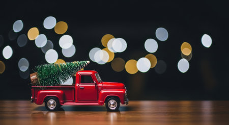 A miniature red truck with a Christmas tree in its bed, set against a backdrop of blurred lights, creating a festive holiday scene.の素材