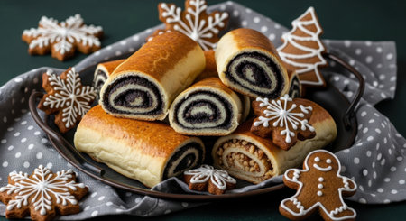 A delightful arrangement of poppy seed rolls and gingerbread cookies, perfect for holiday celebrations and festive gatherings, displayed on a decorative tray.の素材