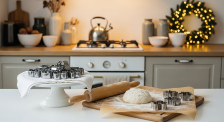 A cozy kitchen scene featuring baking preparations, including dough, rolling pin, and cookie cutters, with a festive Christmas wreath in the background.の素材