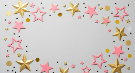 A flat lay of pink and gold star decorations with confetti creating a festive frame on a light gray background. Perfect for celebrations with copy space in the center.の素材