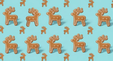 A delightful and festive seamless pattern featuring gingerbread reindeer cookies arranged neatly on a light blue background, perfect for holiday designs.の素材