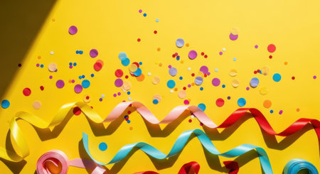 Bright and cheerful image featuring a yellow backdrop adorned with scattered confetti and wavy ribbons, perfect for celebrations.の素材