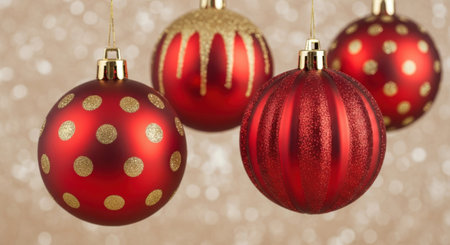 Four vibrant red Christmas ornaments, each with unique gold patterns, are suspended against a softly blurred, sparkling festive background, creating a cheerful holiday atmosphere.の素材