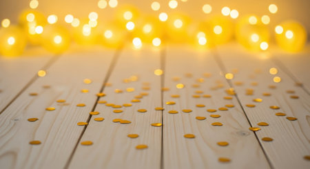 Close-up shot of a wooden surface adorned with confetti and illuminated by blurred lights, creating a festive atmosphere.の素材