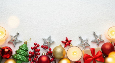 A vibrant arrangement of Christmas ornaments, including stars, baubles, and candles, creating a festive holiday scene.の素材