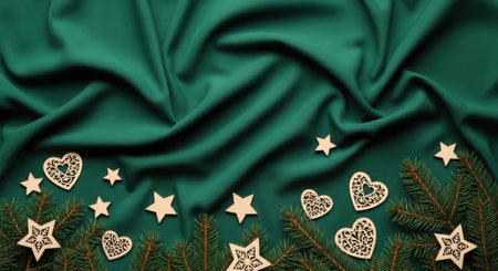 A beautiful green fabric background adorned with Christmas ornaments, stars, and hearts, creating a festive holiday scene.の素材