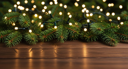 A close-up shot of a Christmas garland with warm, glowing lights draped over a polished wooden surface, creating a cozy and festive atmosphere.の素材