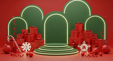 A vibrant Christmas scene featuring a tiered stage, surrounded by gift boxes and illuminated by glowing neon arches.の素材