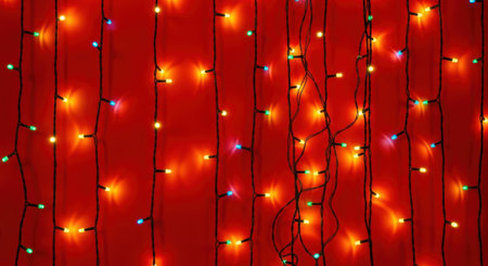 A captivating image featuring a string of festive lights against a rich red backdrop, creating a warm and inviting atmosphere perfect for holiday themes.の素材