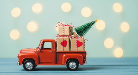 A charming red truck is loaded with wrapped gifts and a Christmas tree, set against a backdrop of soft bokeh lights, perfect for holiday themes.の素材