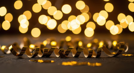 A golden ribbon lies on a surface with blurred golden bokeh lights in the background, creating a festive and celebratory atmosphere.の素材