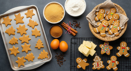 A flat lay of Christmas baking with gingerbread cookies on a tray and cooling rack surrounded by ingredients like flour butter eggs and spices.の素材