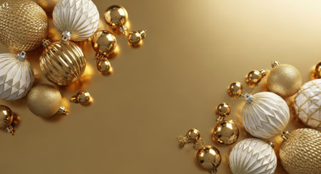 Elegant arrangement of golden and white Christmas ornaments on a gold background, perfect for holiday themes.の素材