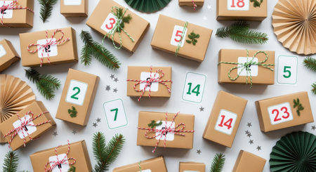 Overhead view of a collection of small, wrapped advent calendar gifts, each with a number, surrounded by fir branches and decorative paper fans, set on a light background.の素材